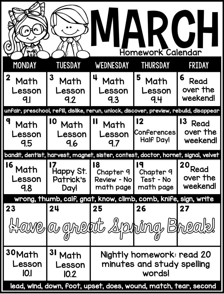 Homework Calendar Miss Swanson's Second Grade Classroom